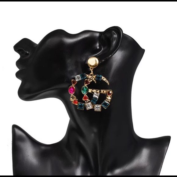Multicolor Gold Rhinestone Letter Earrings - Picture 1 of 4